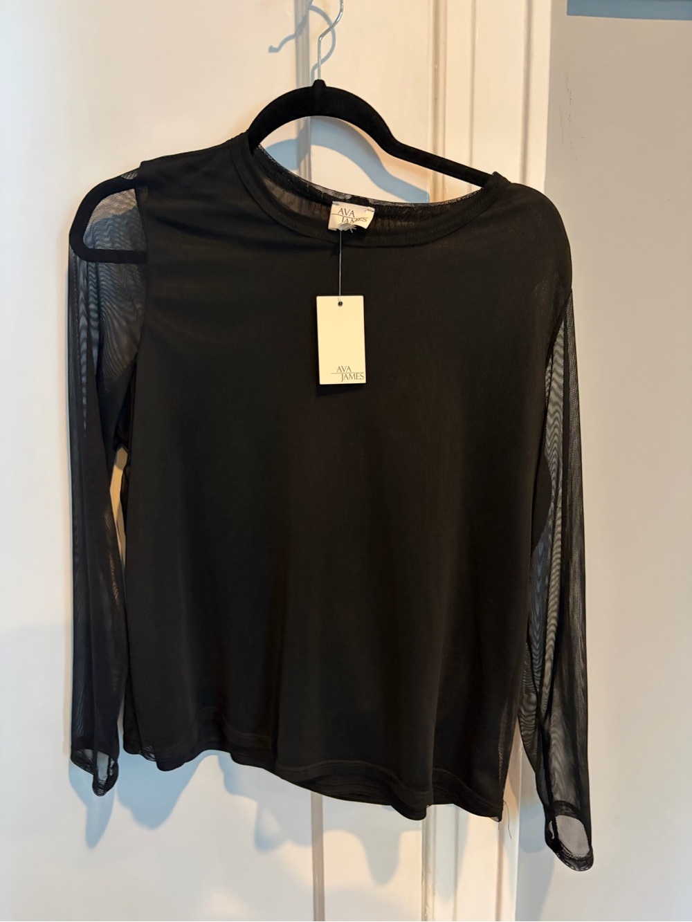 AVA JAMES Black Long-Sleeve Sheer Mesh Top
